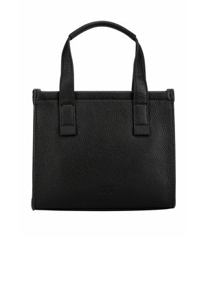 Zwarte leren handtas met twee handvatten, rechthoekige vorm en een getextureerd oppervlak, getoond tegen een witte achtergrond.