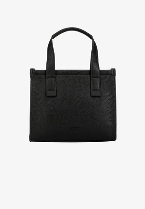Schwarze Lederhandtasche mit zwei Griffen, rechteckiger Form und strukturierter Oberfläche, vor weißem Hintergrund gezeigt.