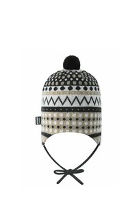 Czapka dziergana w beżowym, czarnym i białym kolorze ma wzór w kropki i zygzaki. Zawiera czarną pompon i związki.