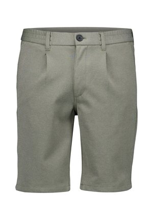 Hellolivgrüne, maßgeschneiderte Herren-Shorts mit Gürtelschlaufen, Knopfverschluss und vorderen Falten.