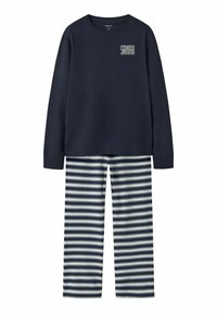 Marineblå langermet skjorte med "SNOOZE"-grafikk i hvitt, kombinert med stripete bukser i marineblått, hvitt og lys grå. Bomullblanding, ledig passform.