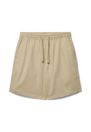 Beige Baumwollshorts mit elastischem Bund, Kordelzugverschluss, Seitentaschen und lockerem Sitz.