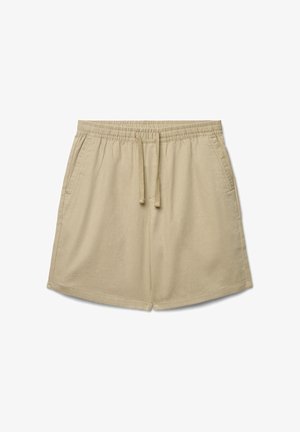 Pantaloncini in cotone beige con vita elastica, coulisse, tasche laterali e vestibilità comoda.