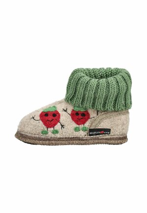 Børnes beige sutsko med grøn manchet, smilende røde æble ansigter broderet på siden og Haflinger mærke på sålen.
