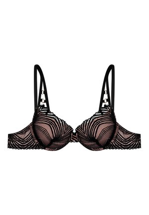 Schwarzer Spitzen-BH mit gepolsterten Cups, wellenförmigem Muster, verstellbaren Trägern und goldenen Hardware-Accessoires. Besitzt eine transparente Textur mit floralen Verzierungen.