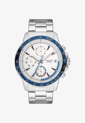 Montre en acier inoxydable argentée avec un cadran blanc rond, une lunette bleue et des accents noirs. Comprend des affichages de date et de jour, ainsi que des sous-cadrans chronographes.