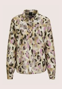 Long-sleeve button-up shirt with beige, black, and purple abstract leopard print pattern on smooth fabric.