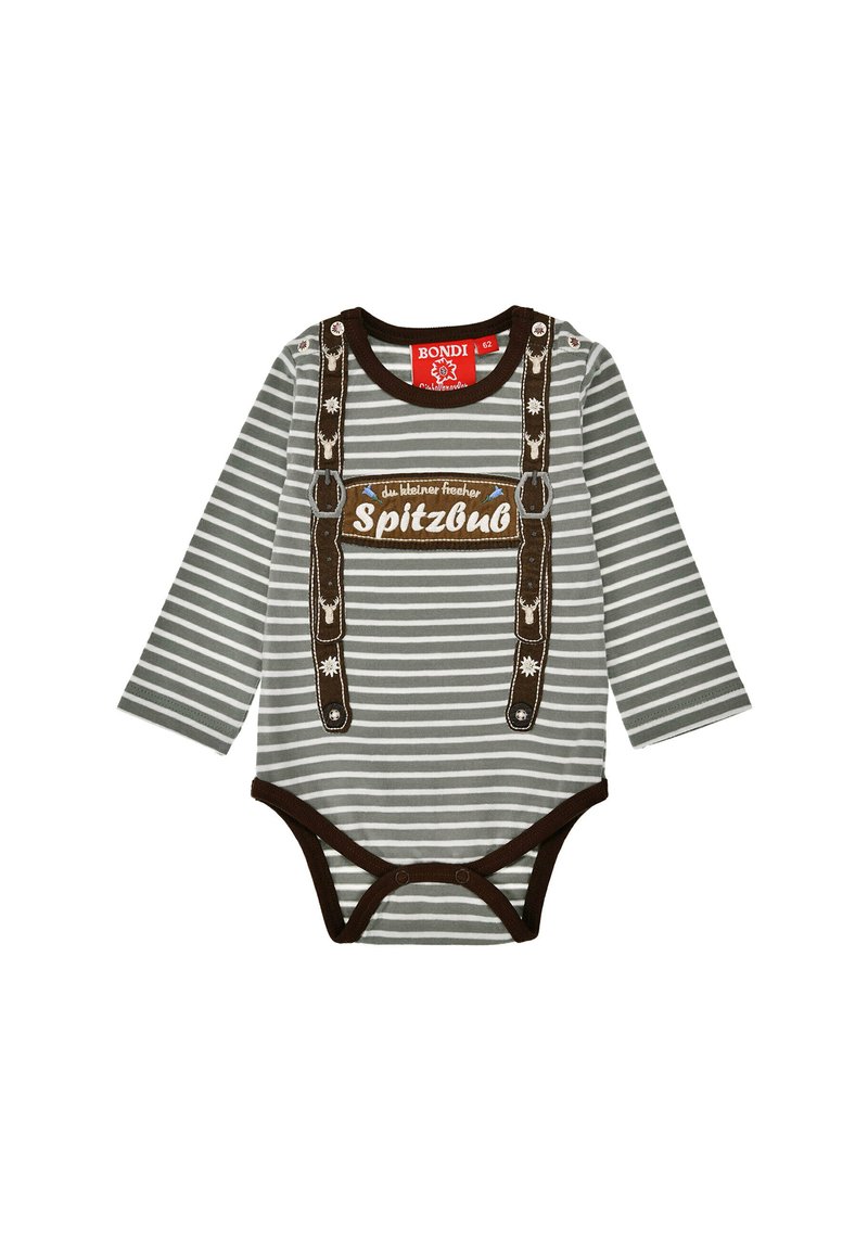Striped long-sleeve bodysuit in gray and white, with brown accents and suspenders design. Features embroidery and snap closures at the bottom.