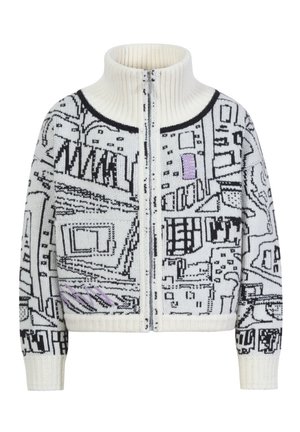 Gehaakte zip-up trui in crèmekleur met zwart abstract stadslandschap ontwerp; heeft een hoge geribbeld kraag en gestructureerde mouwen in een aansluitende vorm.