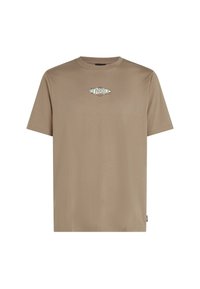 Brun bomulds T-shirt med korte ærmer og rund halsudskæring. Har et subtile grafisk logo i kontrastfarver på brystet.