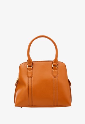 Amber læder håndtaske med to toppehåndtag, der har en glat overflade, diskret lodret syning og guldfarvede detaljer på hardware.