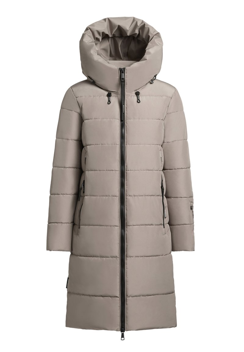 Hellbeige Daunenjacke mit gepolstertem Design, hohem Kragen und großer Kapuze. Verfügt über schwarzen Reißverschluss und seitliche Taschen mit praktischen Akzenten.