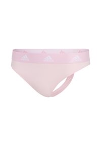 Culotte de bikini Adidas rose clair avec taille élastique, ornée du logo Adidas blanc répété sur fond blanc.