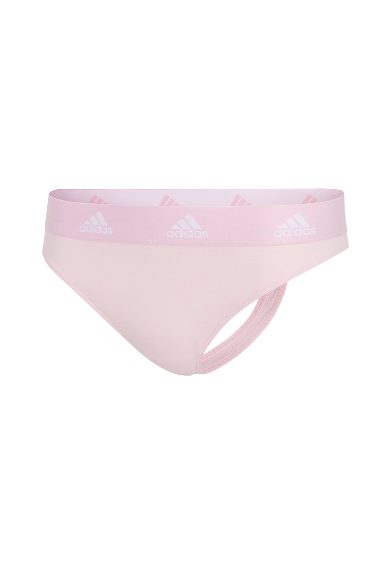 Culotte de bikini Adidas rose clair avec taille élastique, ornée du logo Adidas blanc répété sur fond blanc.