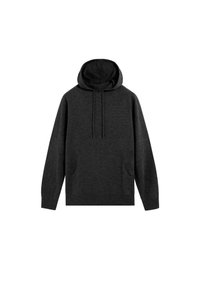 Sudadera con capucha de color gris oscuro, hecha de una tela suave, que presenta un bolsillo canguro, mangas largas y cordones ajustables en la capucha.