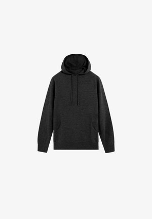 Donkergrijze hoodie van zachte stof, met een kangoeroezak, lange mouwen en verstelbare trektouwen op de capuchon.
