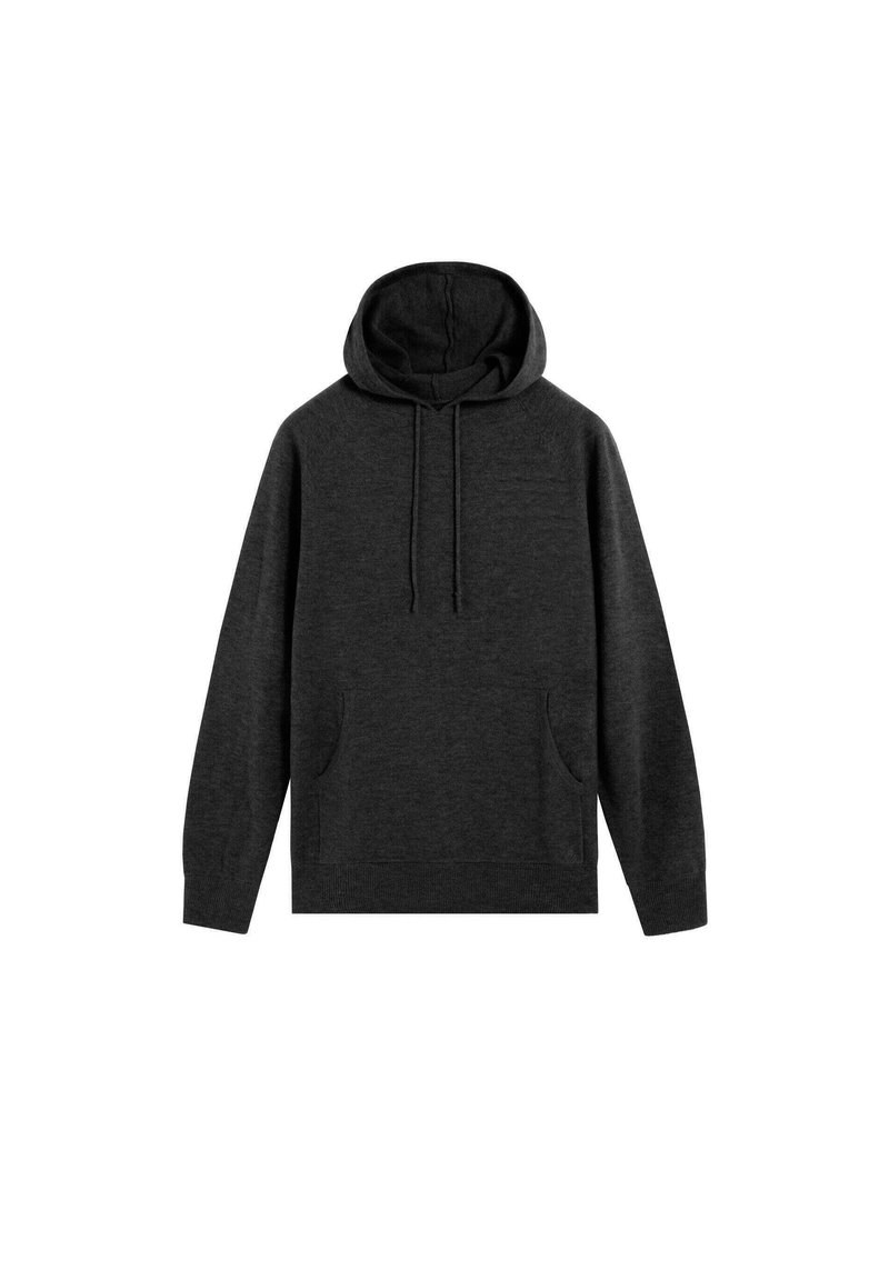 Sudadera con capucha de color gris oscuro, hecha de una tela suave, que presenta un bolsillo canguro, mangas largas y cordones ajustables en la capucha.