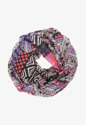 Écharpe légère et multicolore à l'infini, présentant des motifs géométriques en rouge, violet et noir avec une finition transparente et texturée.