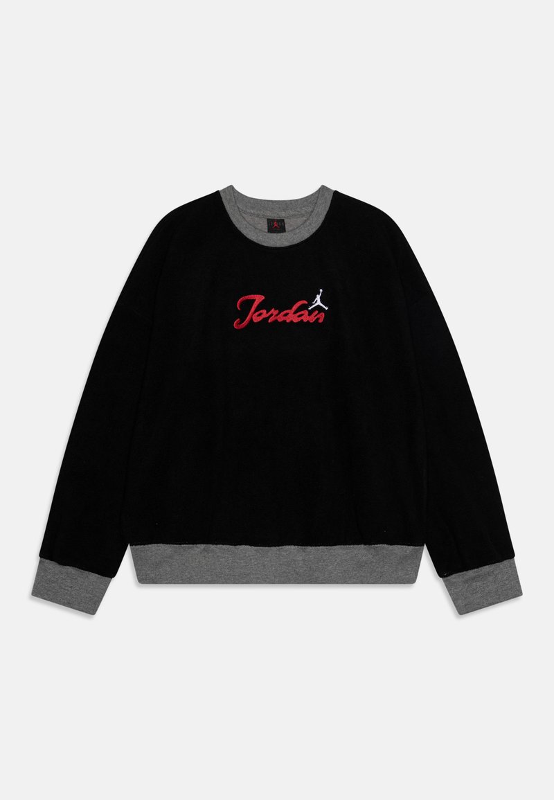 Schwarzer Pullover mit grauen Rippbündchen und Saum. Mit gesticktem "Jordan"-Logo in Rot und Weiß. Weicher, strukturierter Stoff. Runder Ausschnitt.