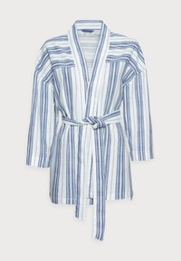 Raidallinen kylpytakki, sinivalkoinen, valmistettu kevyestä kankaasta. Sen ominaisuuksiin kuuluu läpän kaulus, pitkät hihat ja vyötäröllä oleva solmittava vyö.