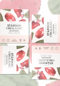 L'emballage du masque STARSKIN® ORGLAMIC™ Pink Cactus présente un fond rose avec des illustrations de fruits de cactus et du texte, mettant l'accent sur l'hydratation et l'éclat.