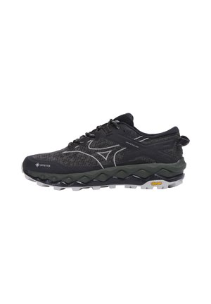 Scarpa da trail running nera e grigio scuro con tessuto Gore-Tex, intersuola ammortizzata, suola Vibram e logo ricamato sul lato esterno.