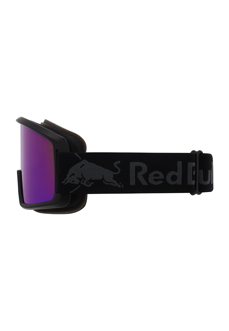 Lunettes de ski avec une monture noire, des verres miroités violets et une sangle en tissu doux avec un logo Red Bull gris.