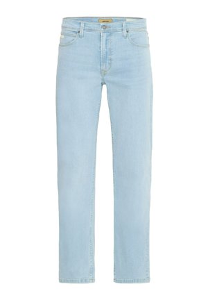 Jeans din denim albastru deschis, cu croială dreaptă, design standard cu cinci buzunare și fermoar cu închidere prin buton metalic.