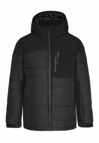 Schwarze, steppjacke mit Reißverschluss vorne, Kapuze und Brusttasche. Mit horizontalen Steppabschnitten und verstellbaren Bündchen.