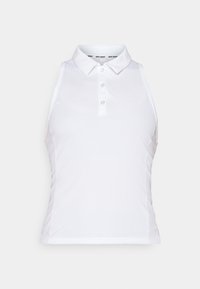 Polo shirt bianco senza maniche realizzato in tessuto morbido, con colletto classico, pattina con tre bottoni e sottili dettagli di cucitura laterale.