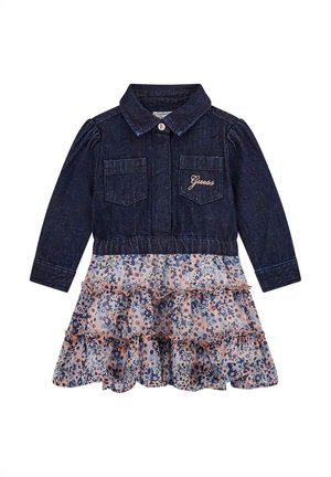Dark denim dress with long sleeves, button-up collar, two chest pockets, and a floral-patterned ruffled hem in light colors.
