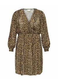 Leoparda raksta kleita bēšā un melnā krāsā, ar V veida dekoltē, garām pūkām un elastīgu vidukli, kas nodrošina pieguļošu siluetu.