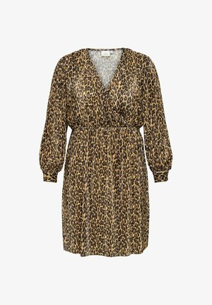 Leopard print dress in beige and black, featuring a V-neckline, long puff sleeves, and an elasticized waist for a fitted silhouette.
