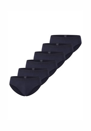 Marineblaue Baumwollslips mit elastischem Bund, in einer Reihe präsentiert. Das Material ist glatt mit gleichmäßiger Textur und weist ein einfaches Design auf.
