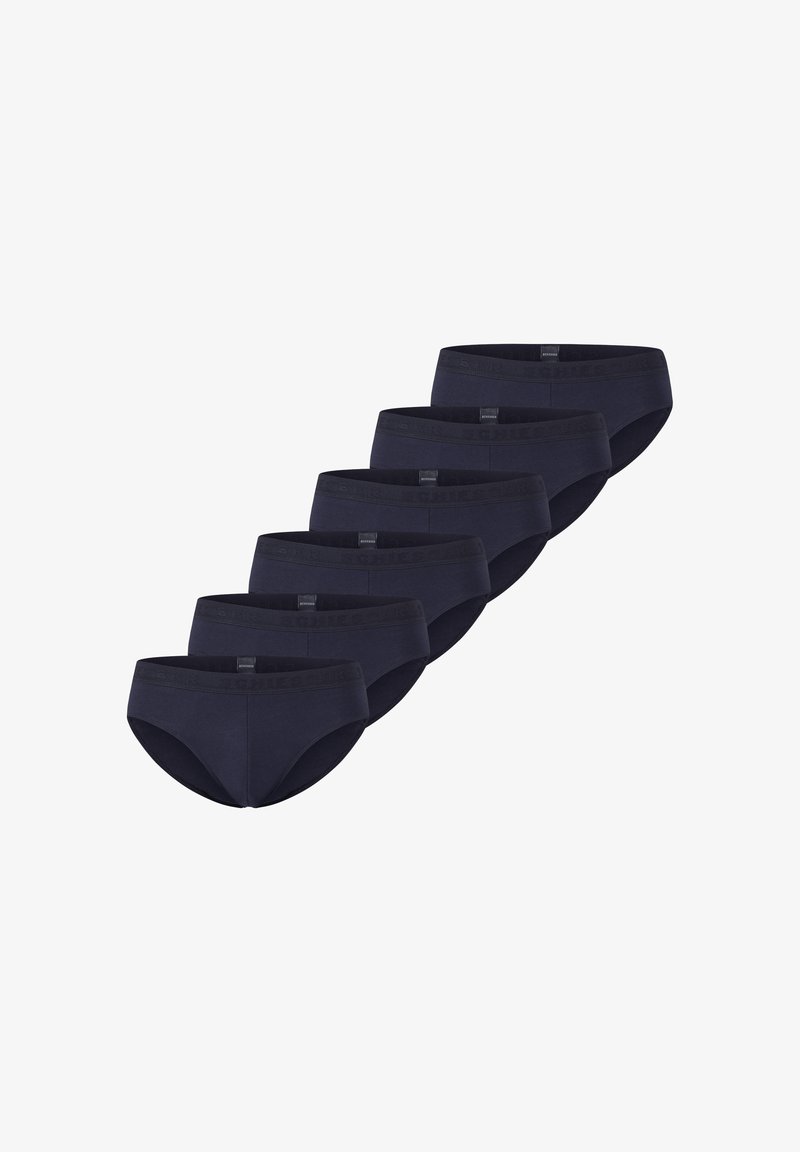 Slip in cotone blu navy con elastico in vita, esposti in fila. Il materiale è liscio con una texture uniforme, caratterizzato da un design semplice.