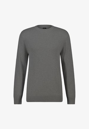 Grijze pullover trui van zacht gebreide stof. Heeft een ronde hals, lange mouwen en geribbelde zoom. Eenvoudig ontwerp, geschikt om te combineren in lagen.