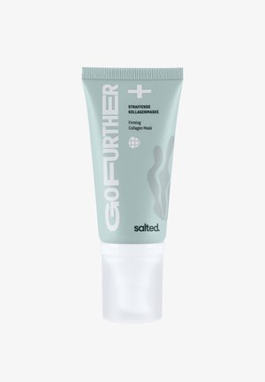 Ljusblå tub med uppstramande kollagenmask, med vit text och ett klart lock. Har en subtil vågmönstring på ytan.