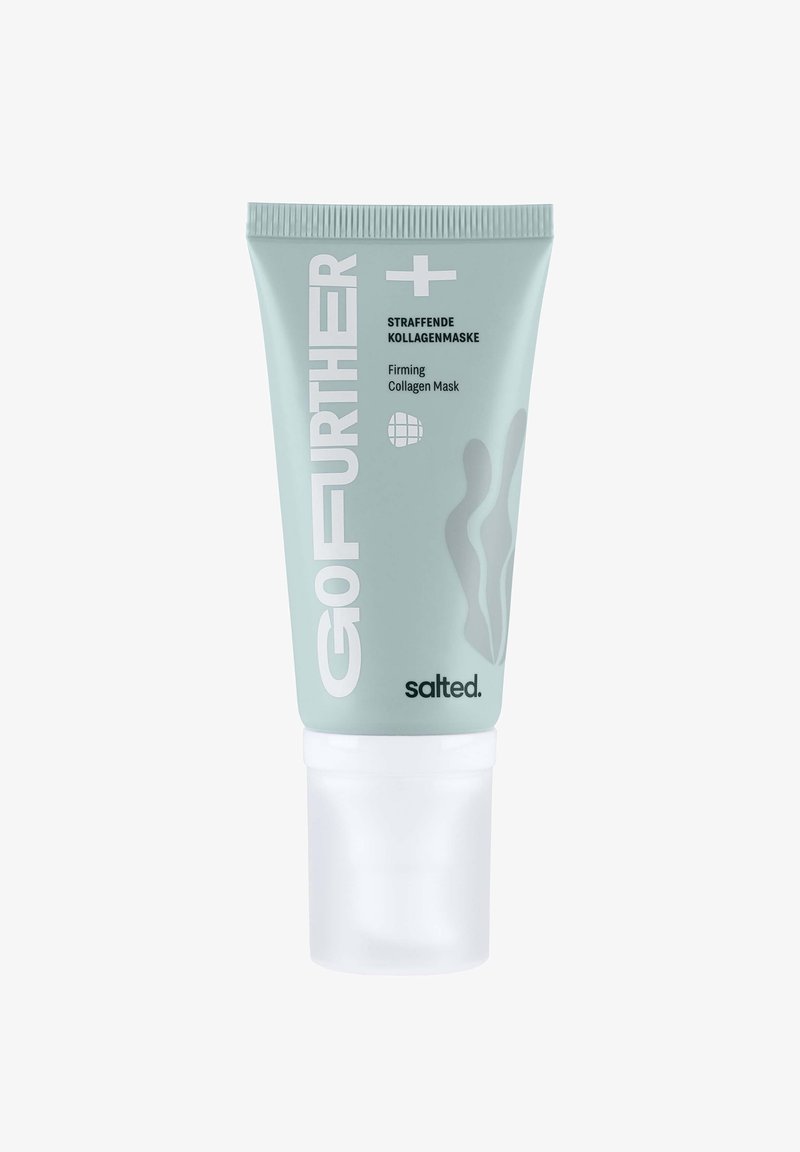 Tubo azzurro chiaro di maschera al collagene rassodante con testo bianco e un tappo trasparente. Presenta un design a onde sottili sulla superficie.
