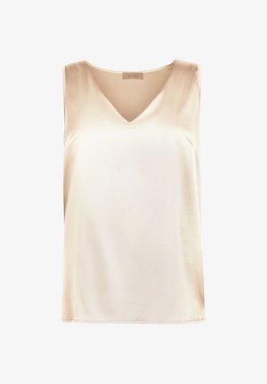Top sans manches beige en tissu lisse, avec un décolleté en V et un ourlet droit. Style minimaliste sans motifs ni accents supplémentaires.