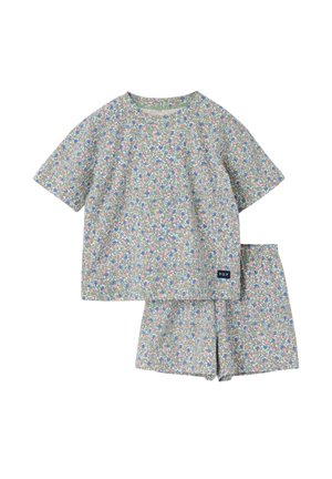 Lyhythihainen paita ja shortsit, joissa sinivalkoinen, pinkki- ja vihreä kukkakuosi, paidan helmassa pieni musta "P.O.P"-etiketti.