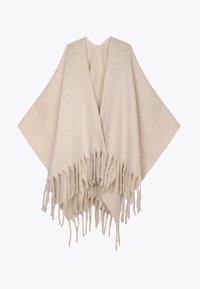 Bež pončo izrađeno od mekog, teksturiranog materijala s dugim resicama na rubu, s otvorenim prednjim dijelom i širokim rukavima.