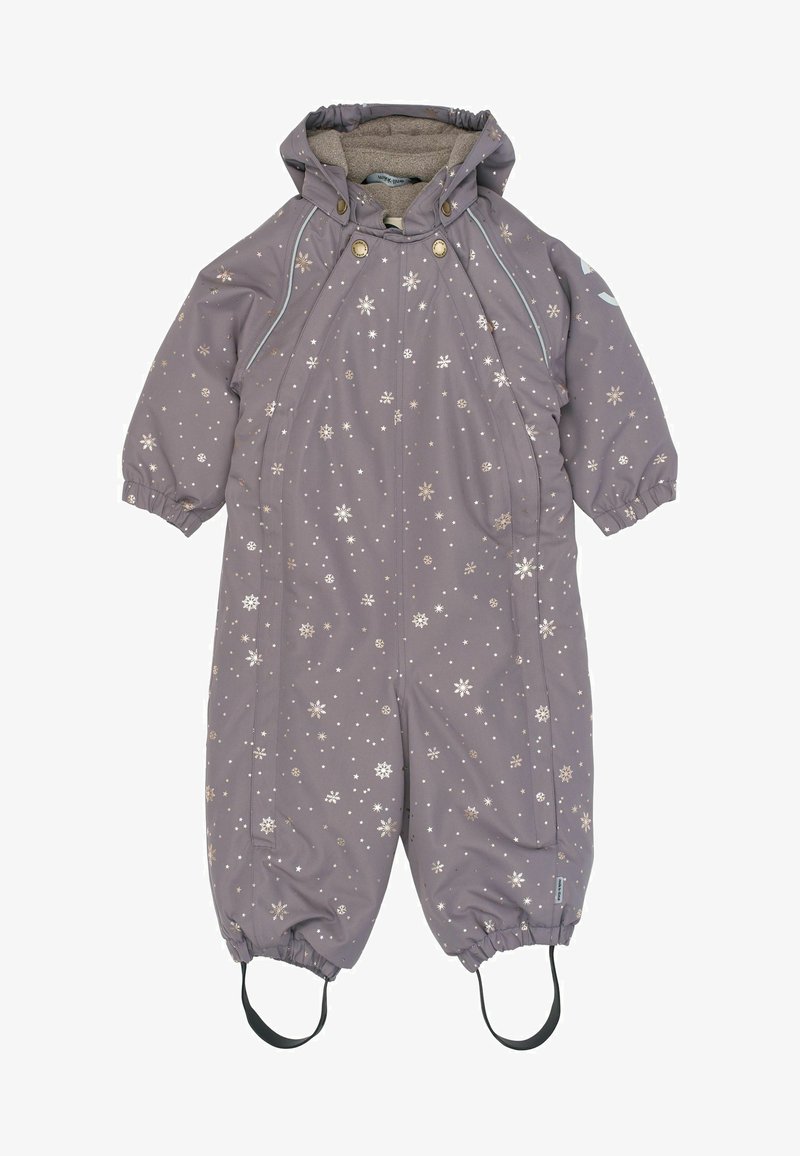 Combinaison de neige d'hiver violette pour enfants avec capuche, poignets élastiques, étriers et motifs blancs de flocons de neige et d'étoiles partout.