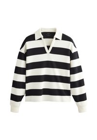 Košulja s dugim rukavima i ovratnikom, s širokim crno-bijelim vodoravnim prugama i V-izrezom sprijeda.