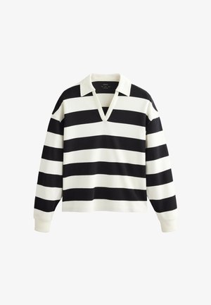 Cămașă cu mâneci lungi și guler, cu dungi orizontale late alb-negru și o deschidere în formă de V în față.