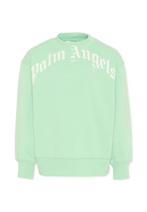 Muntgroene sweatshirt met "Palm Angels" in grote witte gotische letters gedrukt over de borst en schouders, voorzien van lange mouwen en geribbelde manchetten.