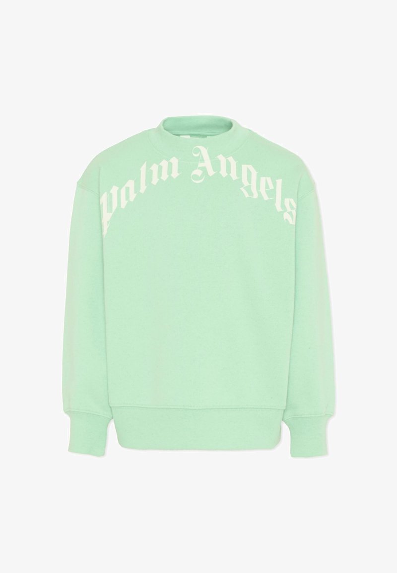 Sweat-shirt vert menthe avec "Palm Angels" imprimé en grandes lettres gothiques blanches sur la poitrine et les épaules, doté de manches longues et de poignets côtelés.