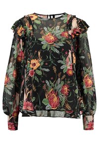 Zwarte bloes met een florale print, featuring levendige rode en gele bloemen, bladerenaccenten en ruffles op de schouders. Gemaakt van lichtgewicht, transparante stof.