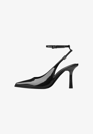Black patent leather slingback pump with a pointed toe, ankle strap, and a medium stiletto heel. Smooth, shiny surface with a sleek design.