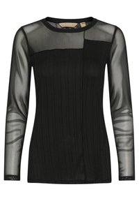 Juodas ilgomis rankovėmis viršus su permatomu tinklo apykakle ir dryžuota audinio tekstūra. Dizainas apima apvalią iškirptę ir prigludusią siluetą.