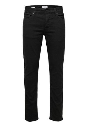 Schwarze Denim-Jeans mit einer taillierten Passform, fünf Taschen, vorderer Knopf- und Reißverschluss, sowie minimalen Nähten. Glatte Textur.